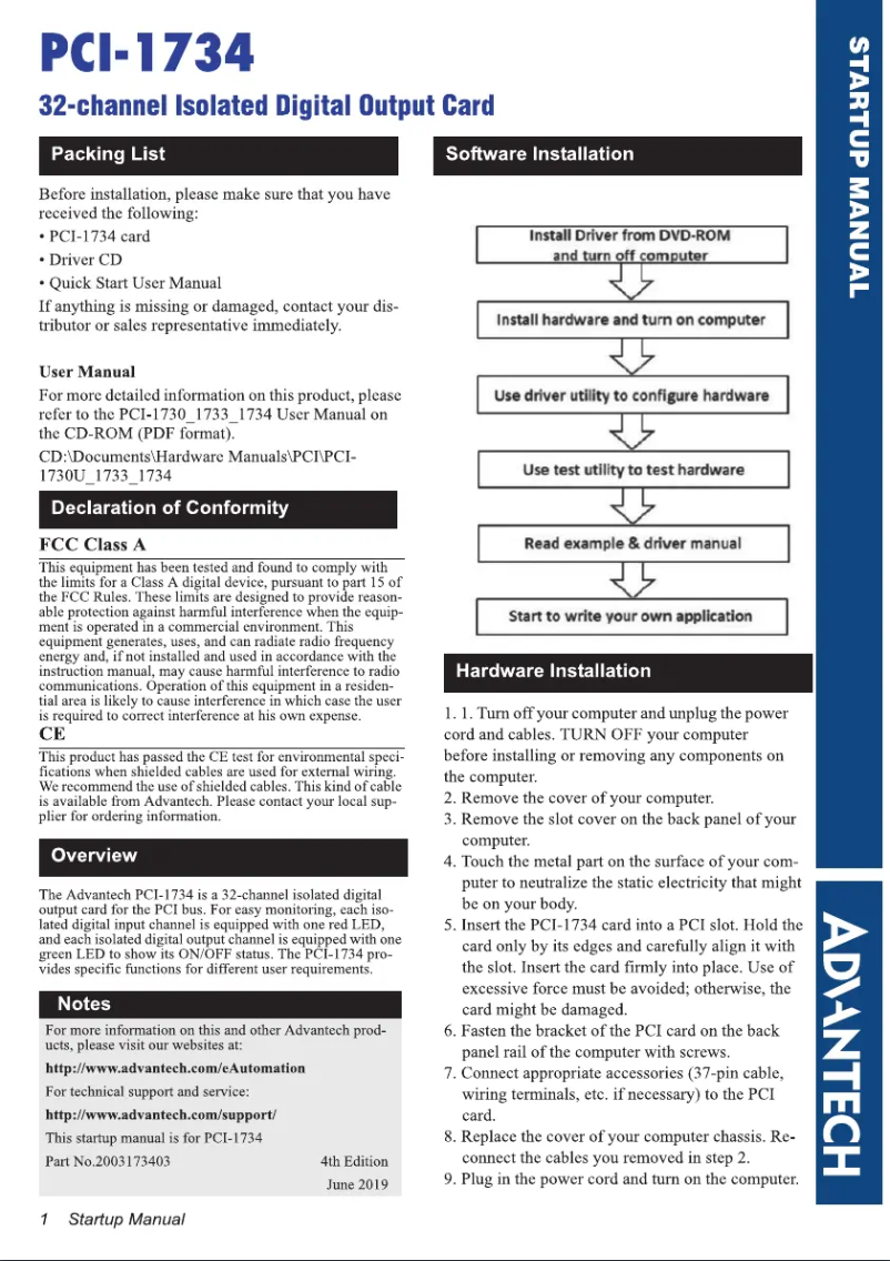 Image de la première page du manuel de l'appareil PCI-1734-CE