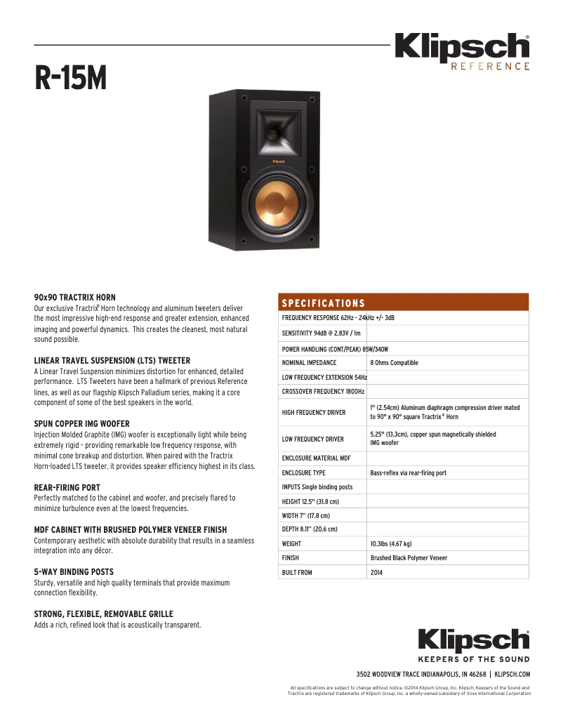 Page n°1 - Fiche technique Klipsch R-15M