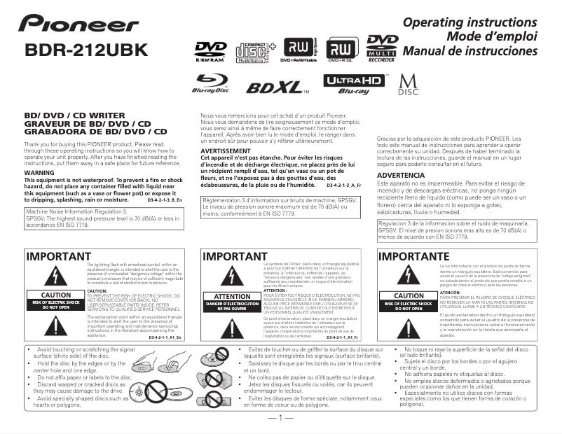Page n°1 - Manuel utilisateur Pioneer BDR-212UBK
