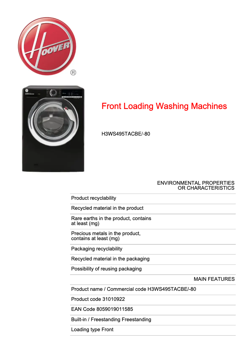 Page n°1 - Fiche technique Hoover H-WASH 300 LITE H3WS495TACBE/-80