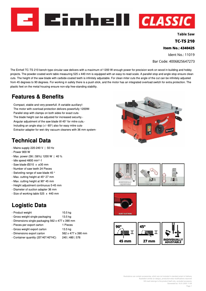 Page 1 de la notice Fiche technique Einhell TC-TS 210