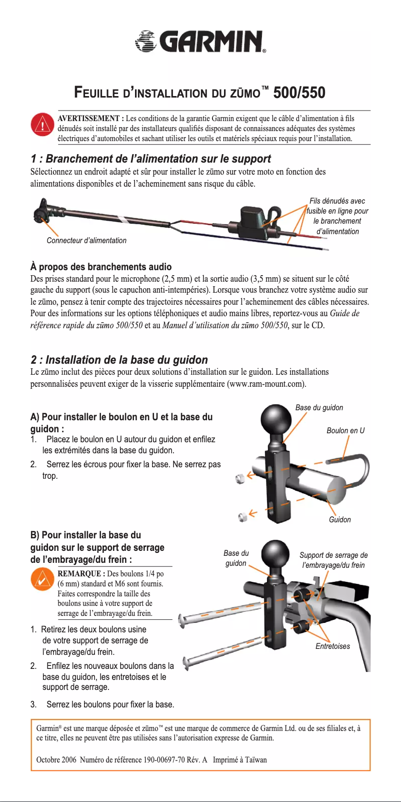 Page 1 de la notice Guide d'installation Garmin Zumo 400
