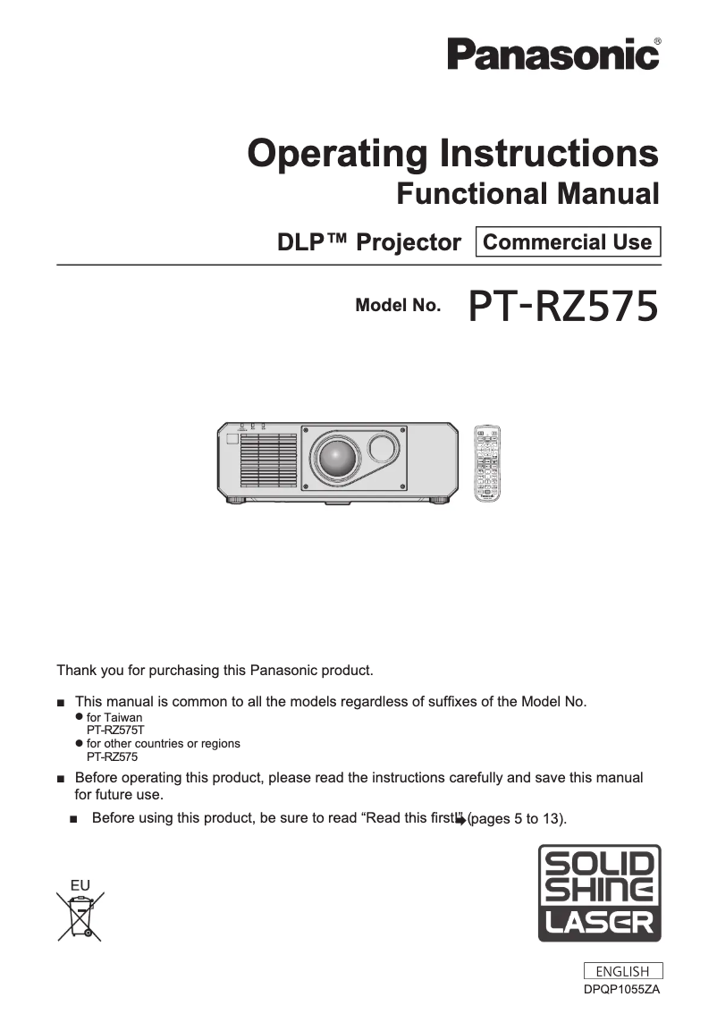 Page n°1 - Manuel utilisateur Panasonic PT-RZ575EJ