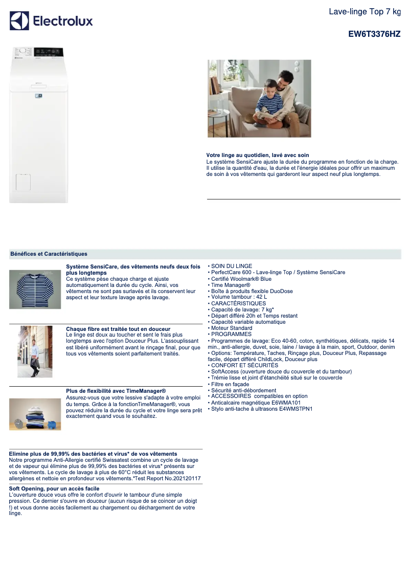 Page 1 de la notice Fiche technique Electrolux EW6T3376HZ