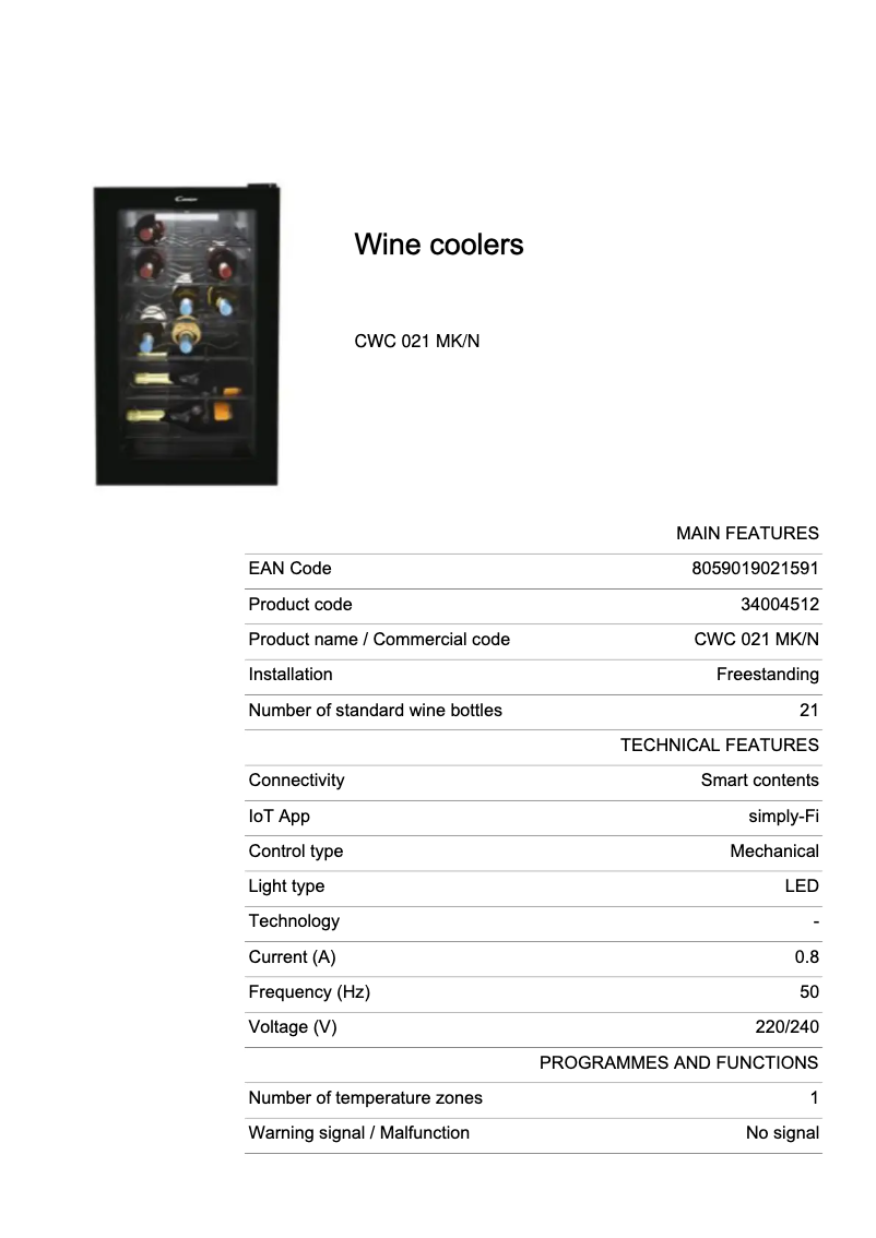 Page 1 de la notice Fiche technique Candy CWC 021 MK