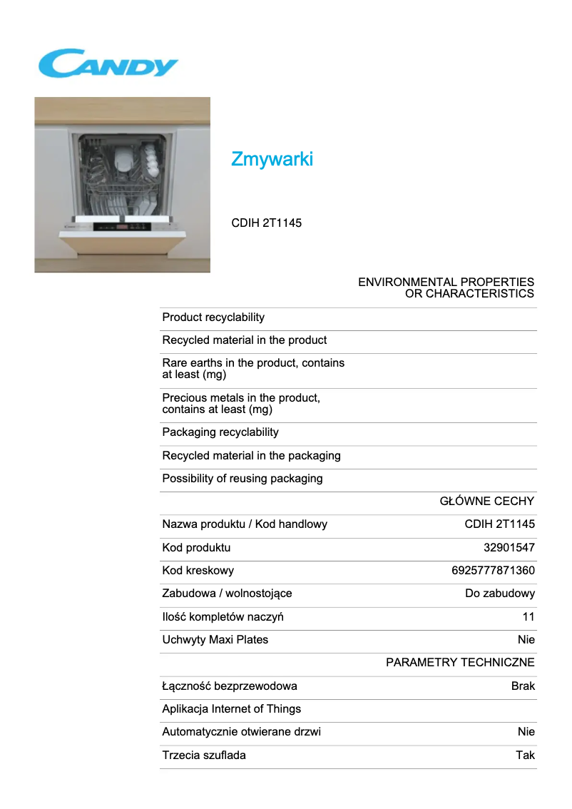 Page 1 de la notice Fiche technique Candy CDIH 2T1145
