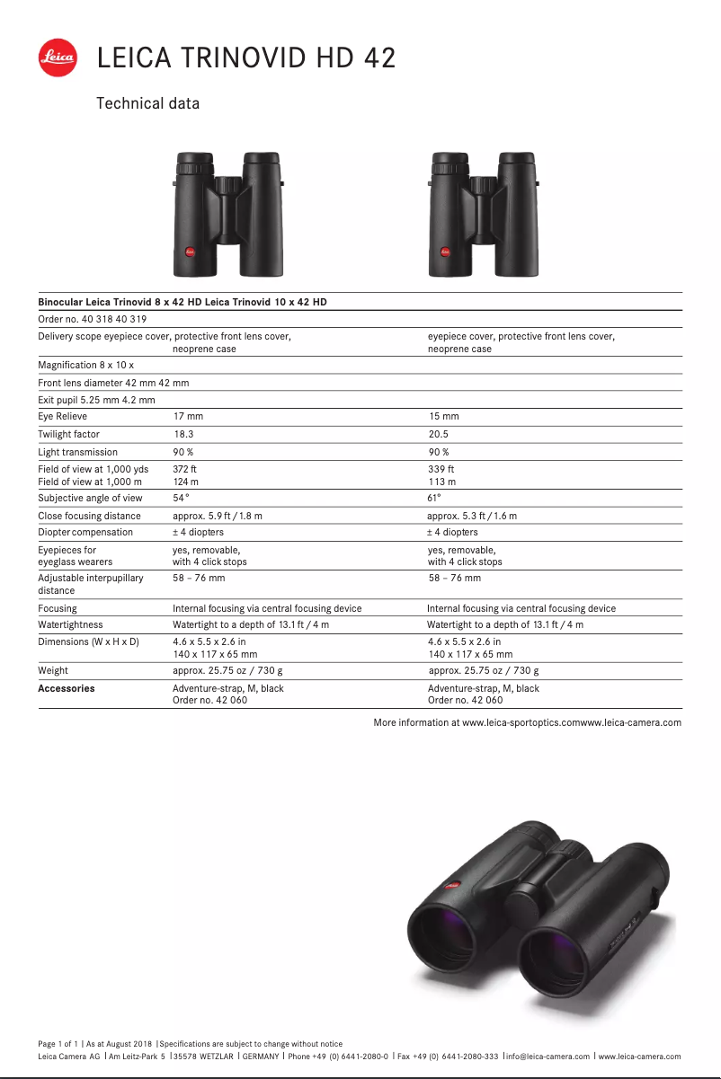 Page 1 de la notice Fiche technique Leica Trinovid 8x42 HD