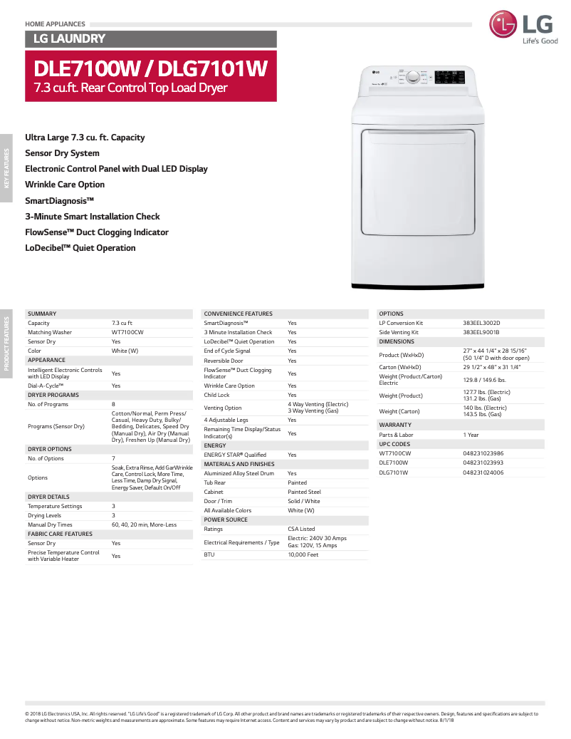 Page 1 de la notice Fiche technique LG DLE7100W