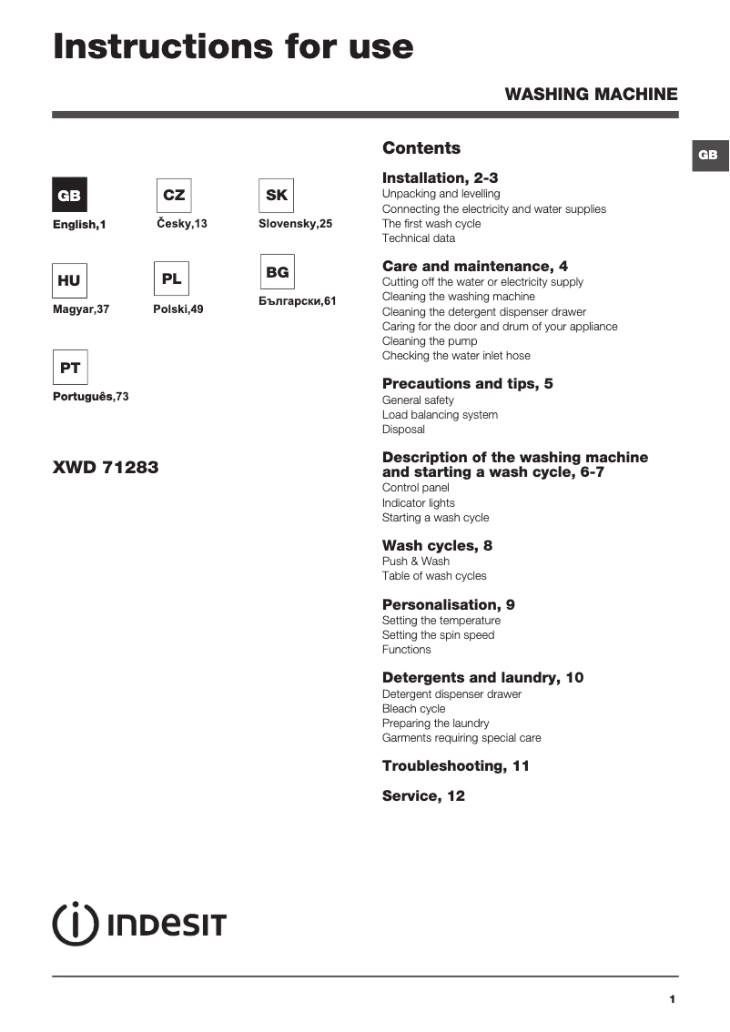Image de la première page du manuel de l'appareil XWD 71283