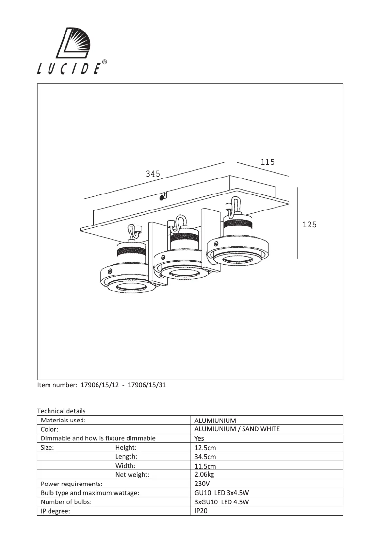 Page 1 de la notice Manuel utilisateur Lucide Landa 17906/15/12