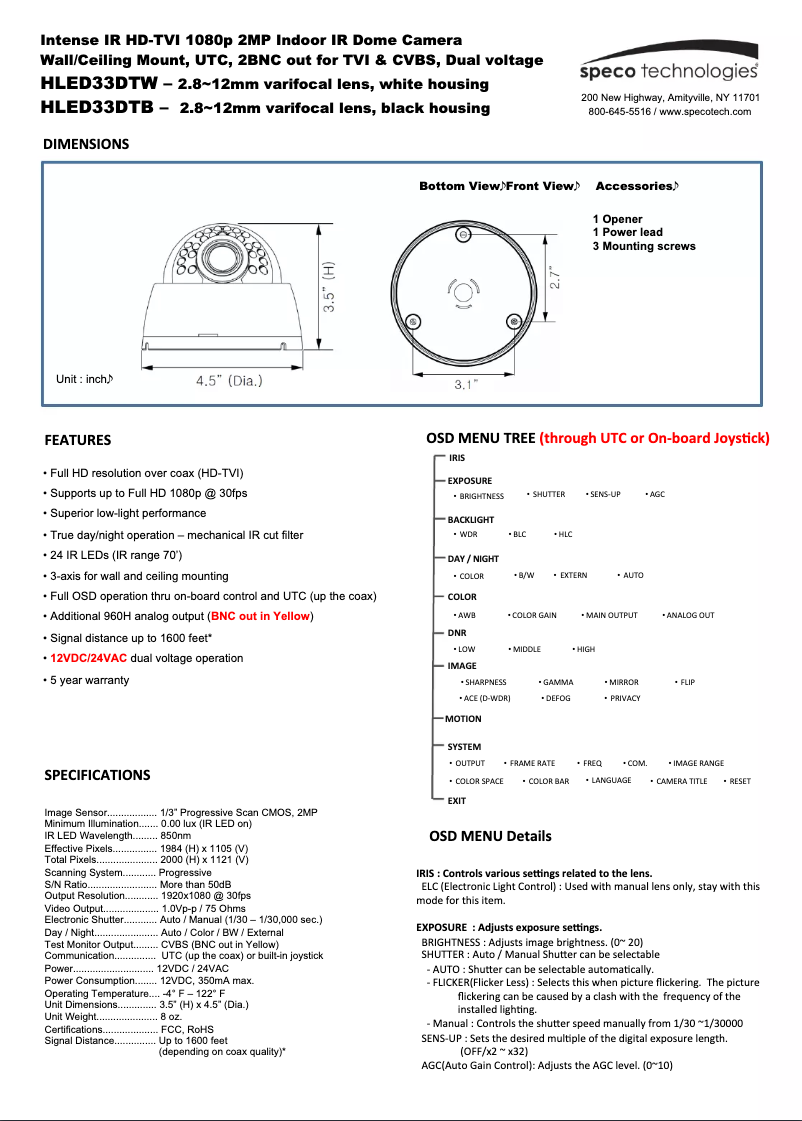 Page 1 de la notice Manuel utilisateur Speco Technologies HLED33DT