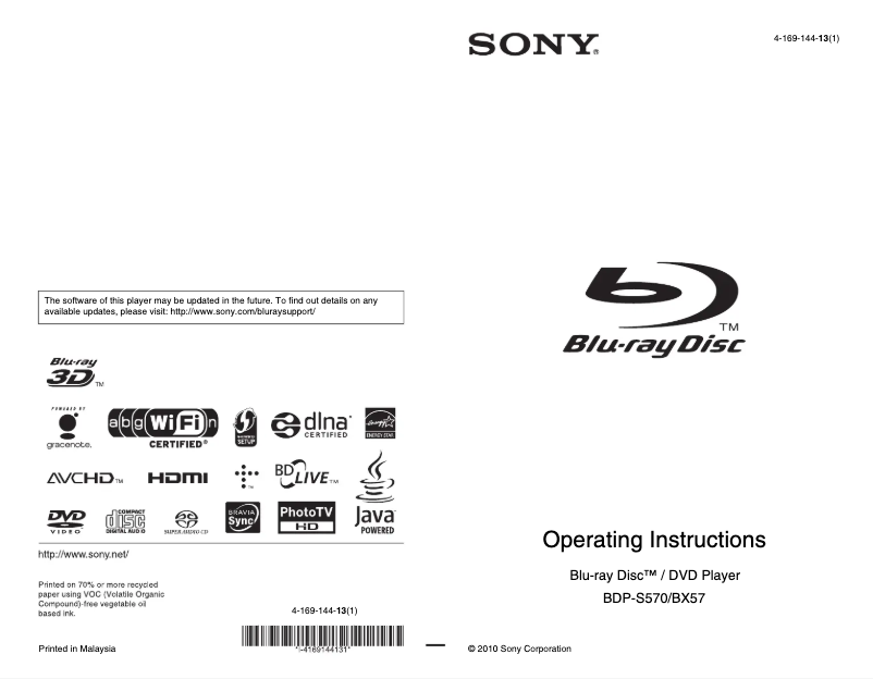 Page 1 of the manual User Manual Sony BDP-BX57