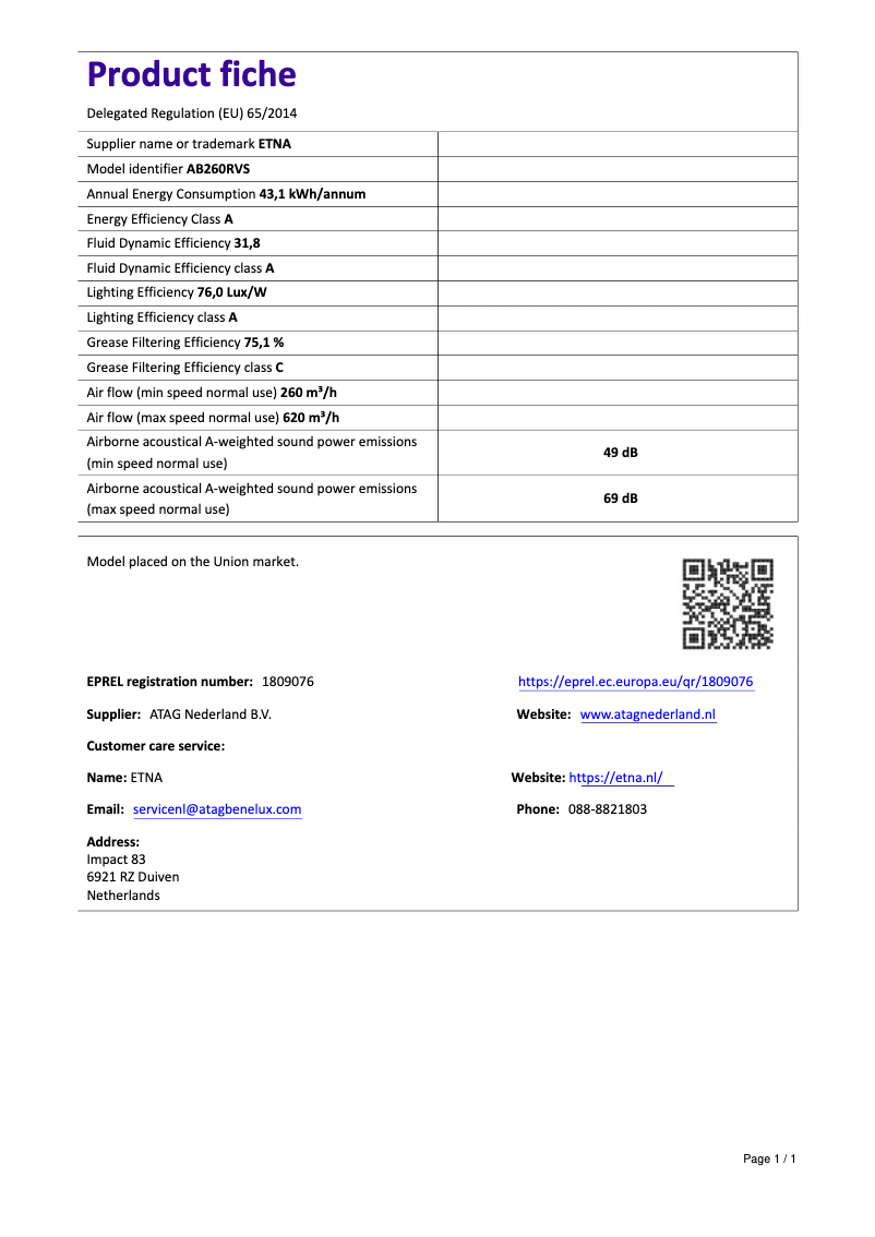 Page n°1 - Fiche technique Etna AB260RVS