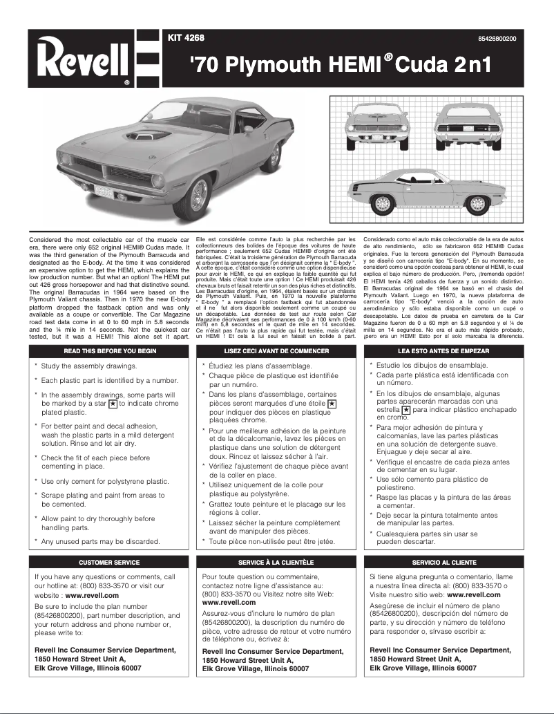 Page n°1 - Manuel utilisateur Revell '70 Plymouth HEMI Cuda 2 'n 1