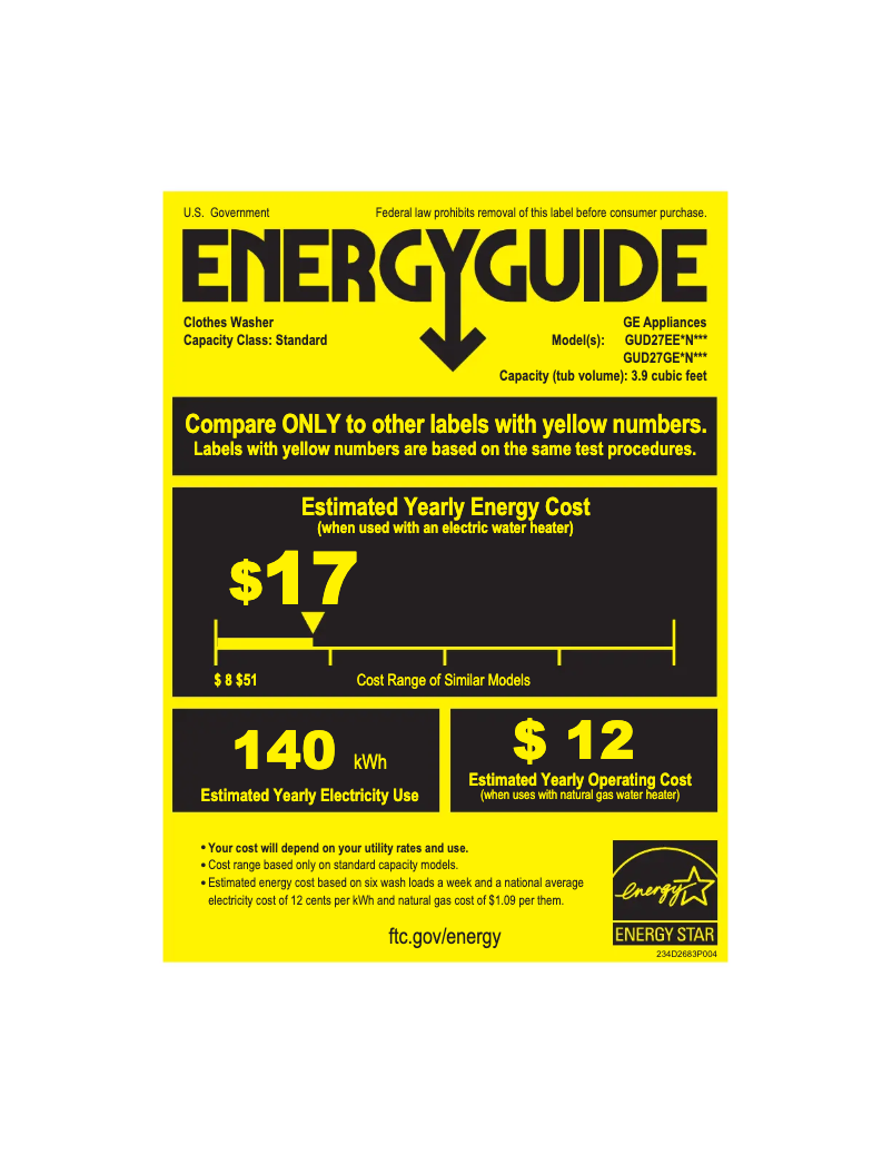 Page n°1 - Label énergétique GE GUD27EESNWW