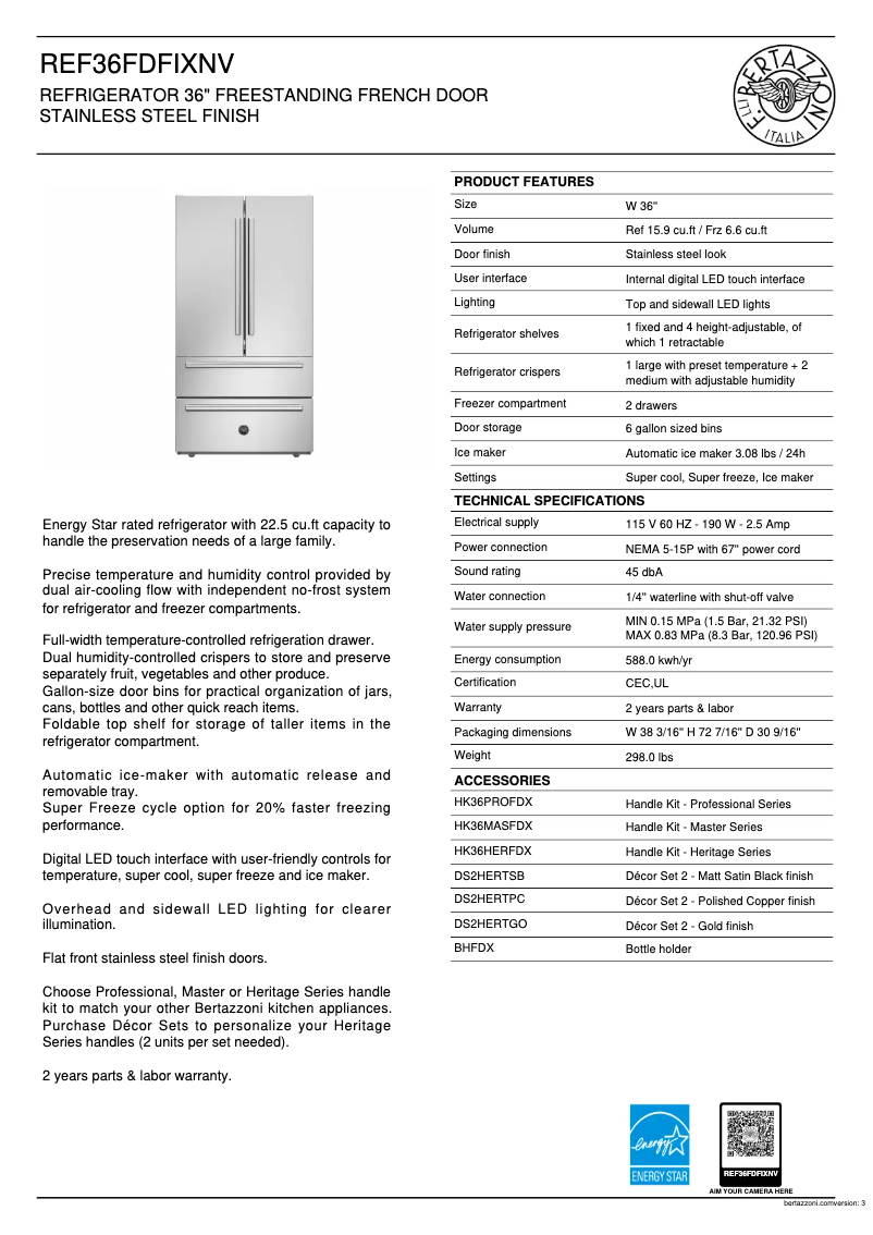 Page 1 de la notice Fiche technique Bertazzoni REF36FDFIXNV