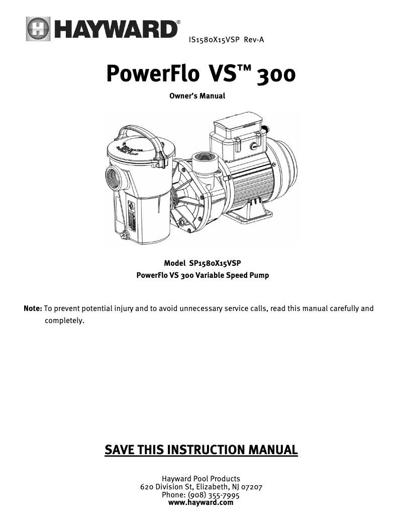 Page 1 de la notice Manuel utilisateur Hayward PowerFlo VS 300