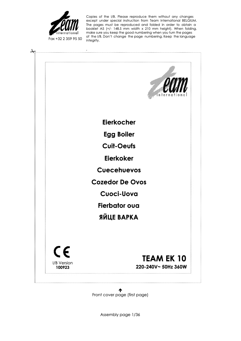 Page 1 de la notice Manuel utilisateur Team EK 10