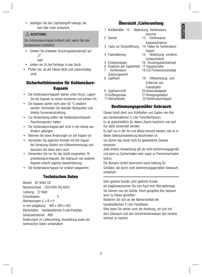 Page 1 de la notice Manuel utilisateur Bomann BZ 9482 CB