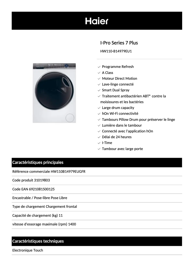 Page 1 de la notice Fiche technique Haier HW110-B14979EU1