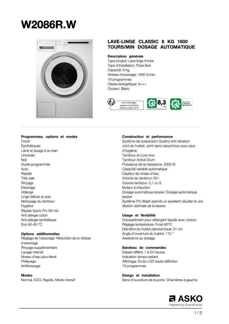 Page 1 de la notice Fiche technique Asko W2086R.W