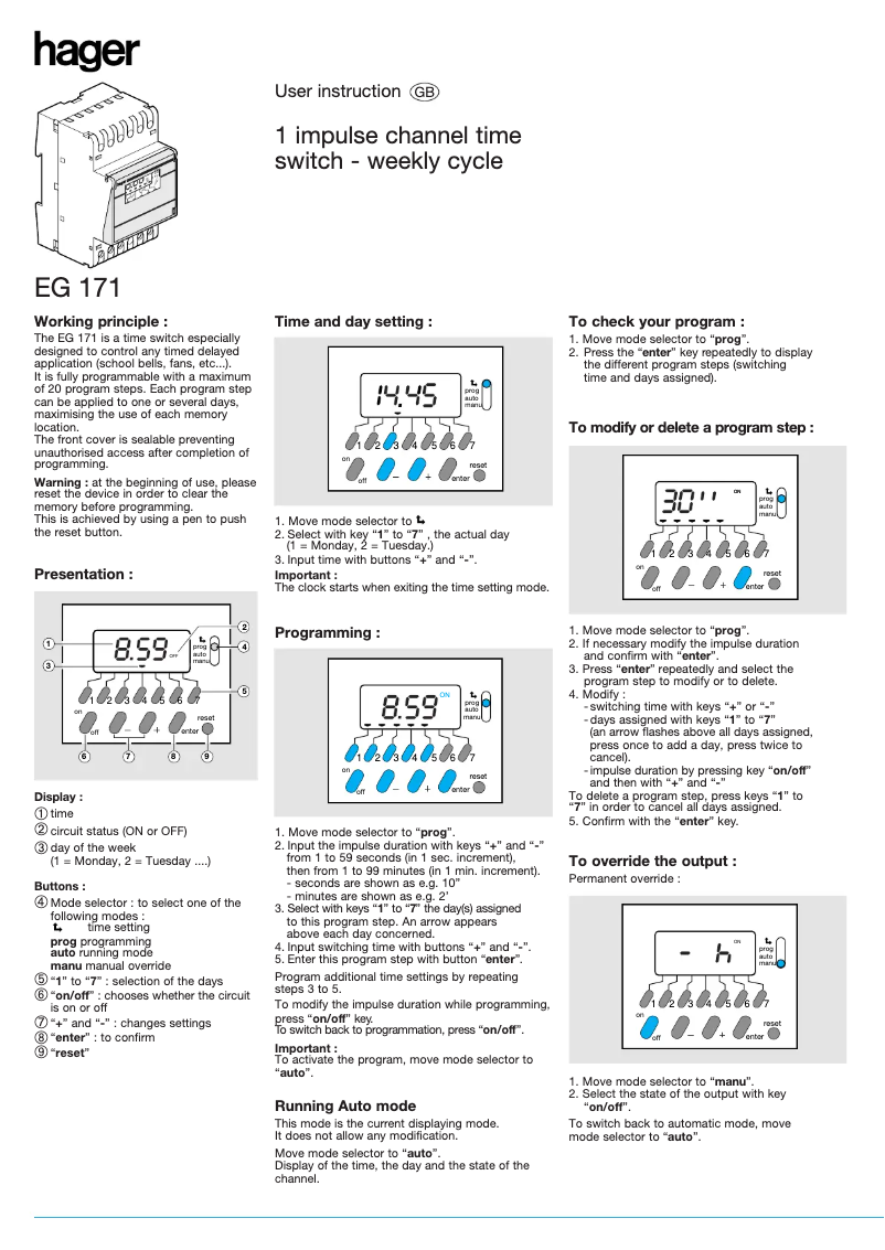 Page 1 de la notice Manuel utilisateur Hager EG 171