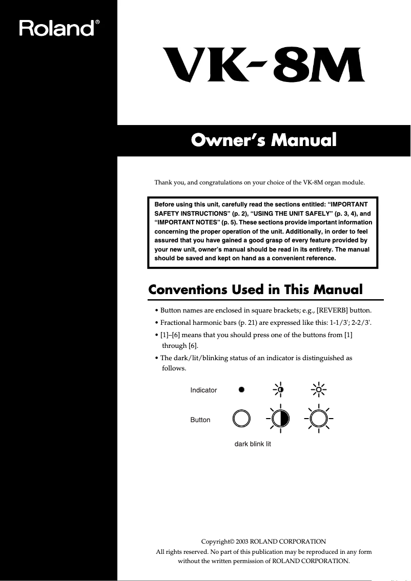 Page 1 de la notice Manuel utilisateur Roland VK-8M