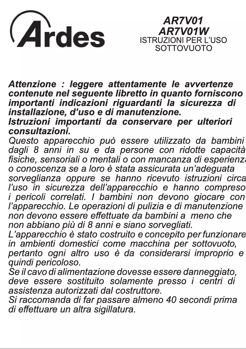 Image de la première page du manuel de l'appareil AR7V01W