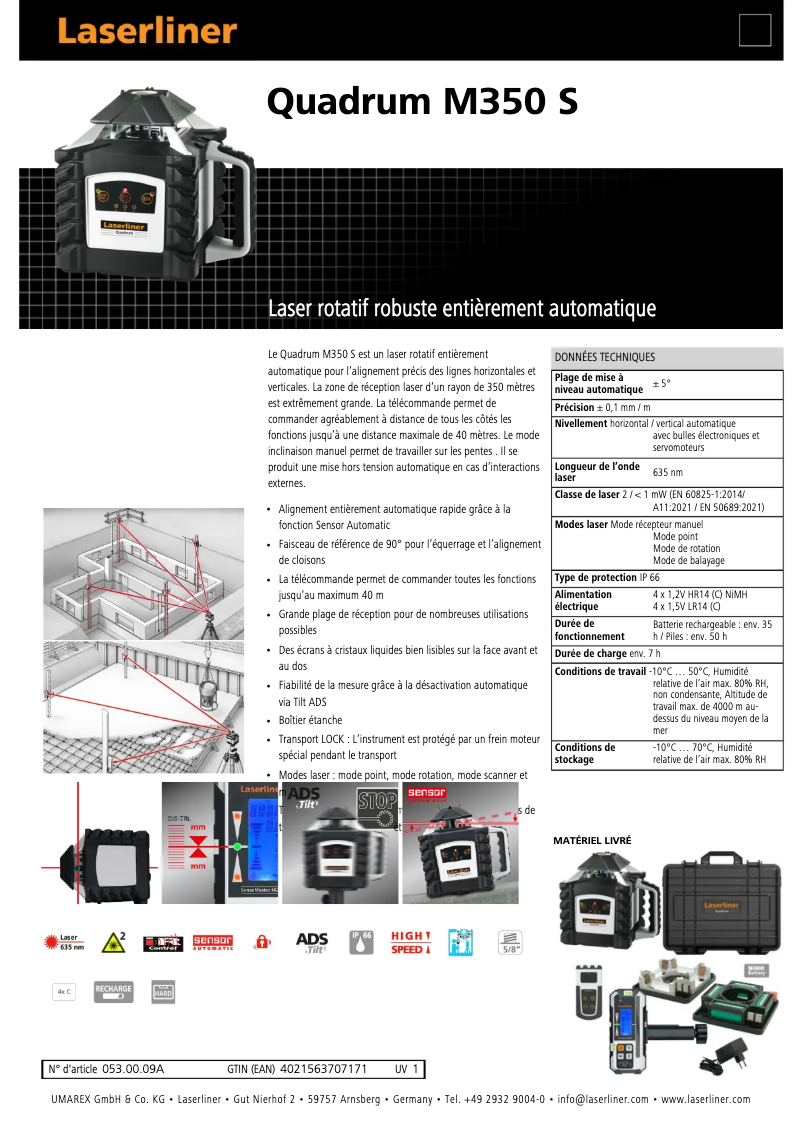 Page 1 de la notice Fiche technique Laserliner Quadrum M350 S