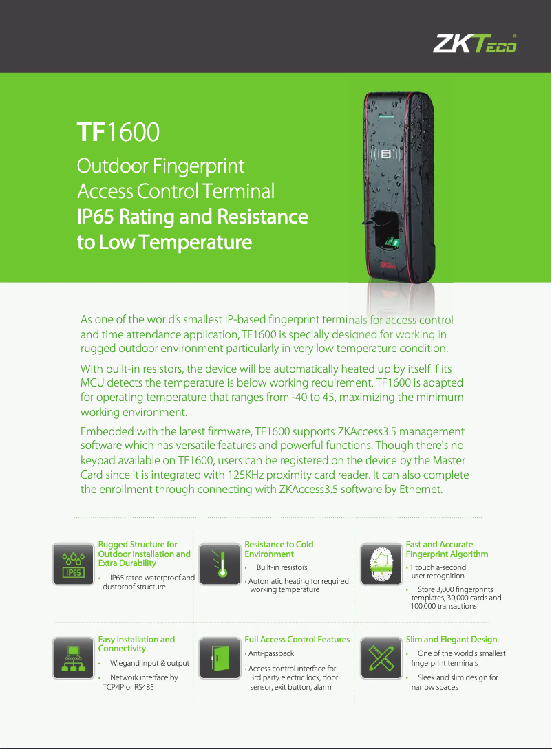 Page 1 de la notice Fiche technique ZKTeco TF1600