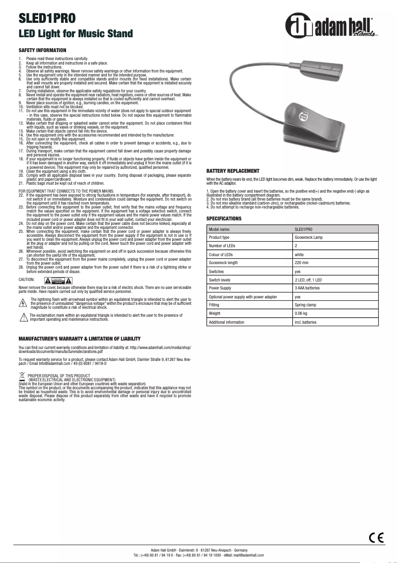 Image de la première page du manuel de l'appareil SLED1PRO