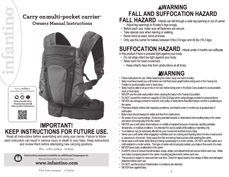 Page 1 de la notice Manuel utilisateur Infantino Carry One