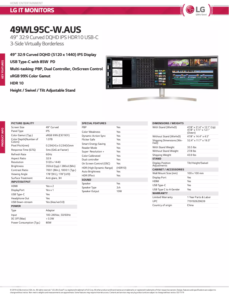 Página 1 del manual Ficha técnica LG 49WL95C