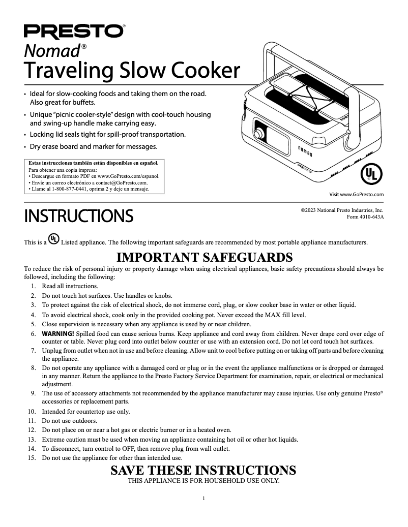 Page 1 de la notice Manuel utilisateur Presto Nomad 06016