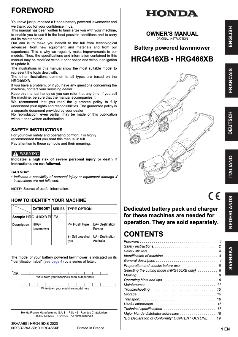 Image de la première page du manuel de l'appareil HRG416XB