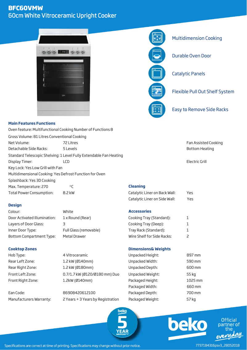 Page 1 de la notice Fiche technique Beko BFC60VMW