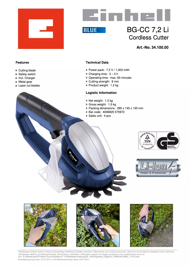 Page n°1 - Manuel utilisateur Einhell BG-CC 7,2 Li