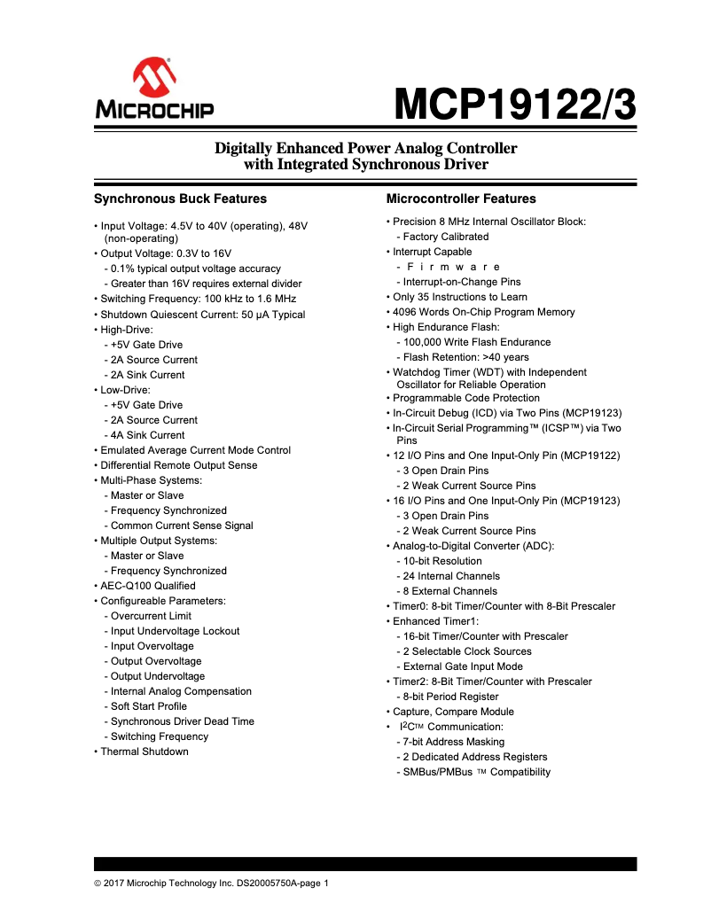 Page 1 de la notice Fiche technique Microchip MCP19123