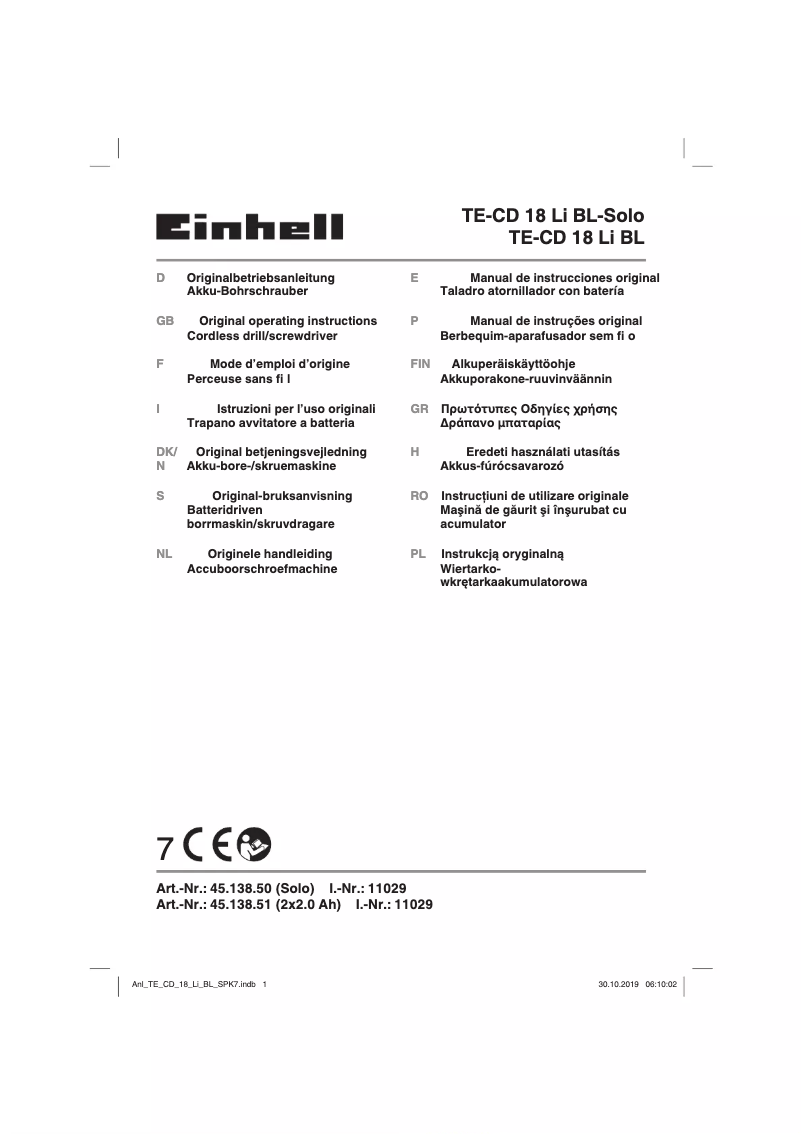 Page 1 de la notice Manuel utilisateur Einhell TE-CD 18 LI BL