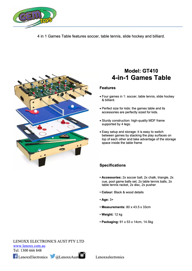 Page 1 de la notice Fiche technique Gem Toys GT410