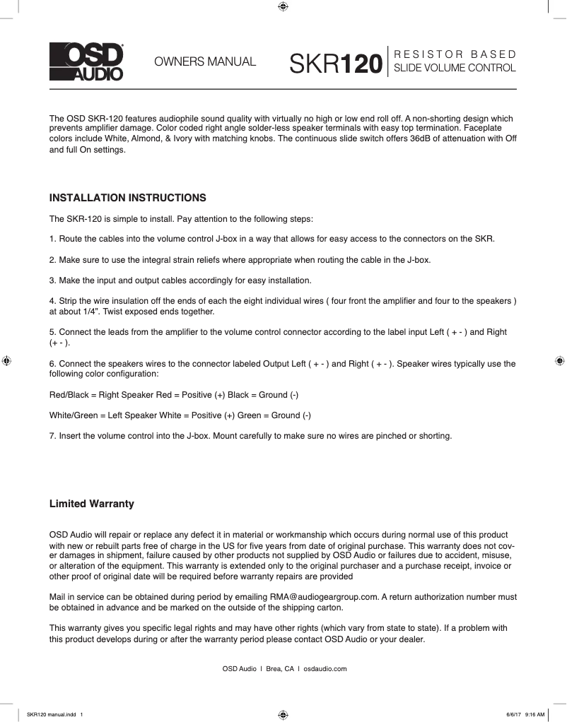 Page n°1 - Manuel utilisateur OSD Audio SKR120