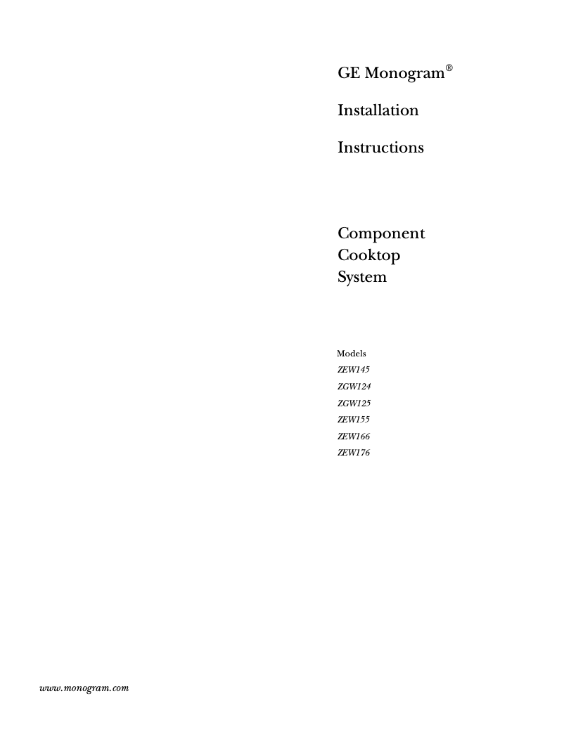 Page n°1 - Guide d'installation GE ZEW176YSS