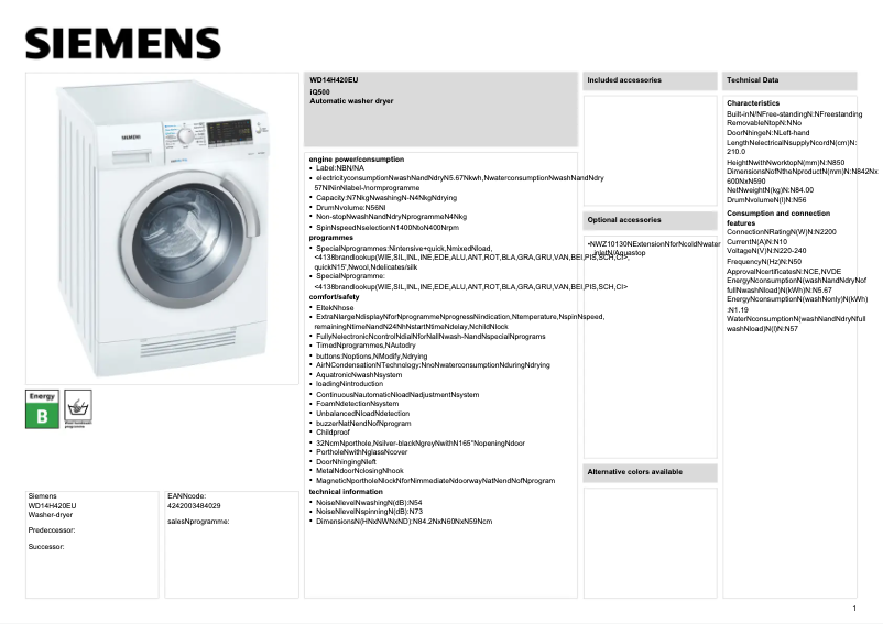 Page 1 de la notice Manuel utilisateur Siemens WD 14H420