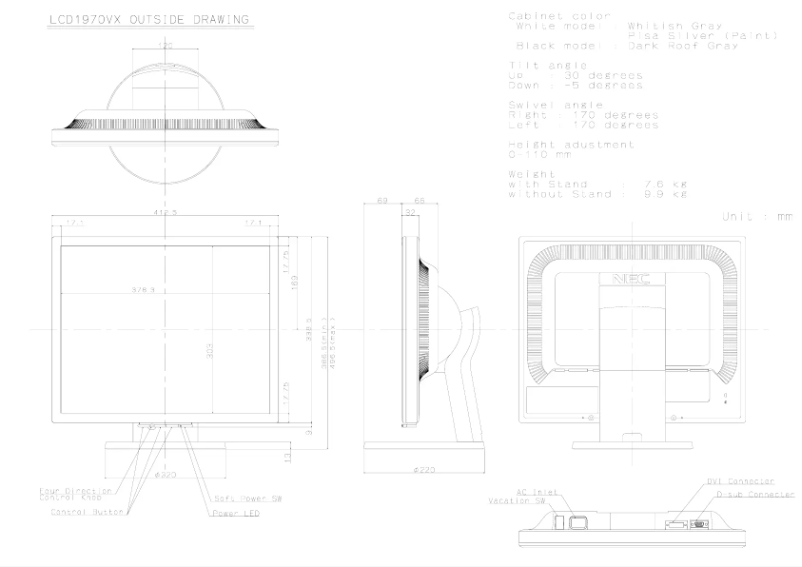 Page 1 de la notice Dessin technique NEC MultiSync LCD1970VX