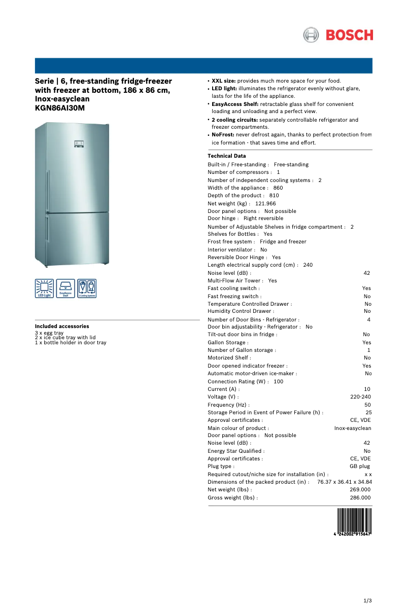Página 1 del manual Ficha técnica Bosch KGN86AI30M