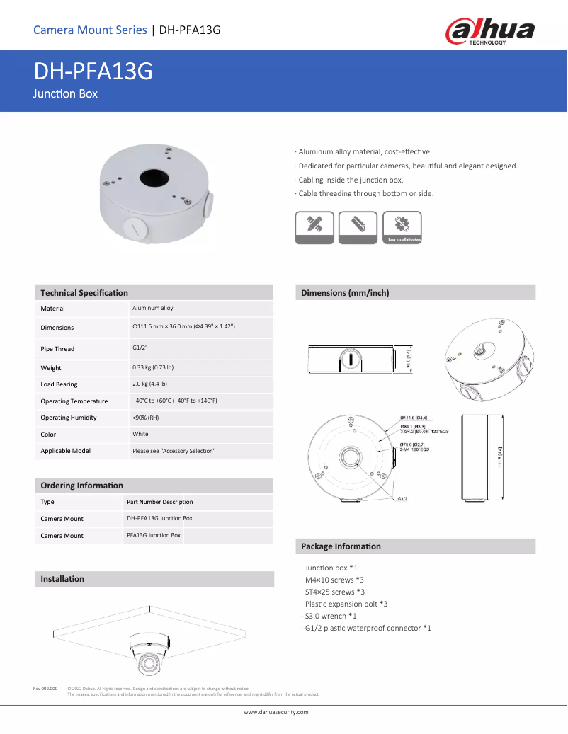 Page 1 de la notice Manuel utilisateur Dahua Technology PFA13G
