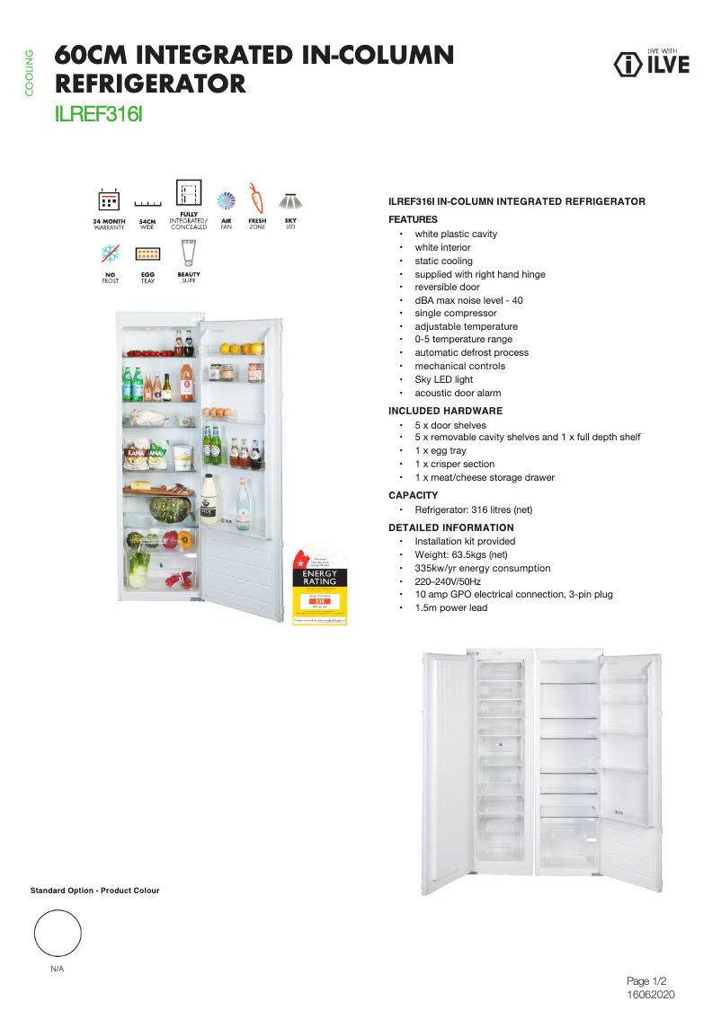 Page 1 de la notice Fiche technique Ilve ILREF316I