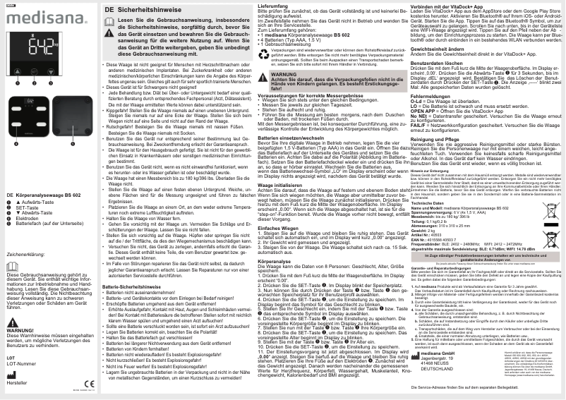 Page 1 de la notice Manuel utilisateur Medisana BS 602