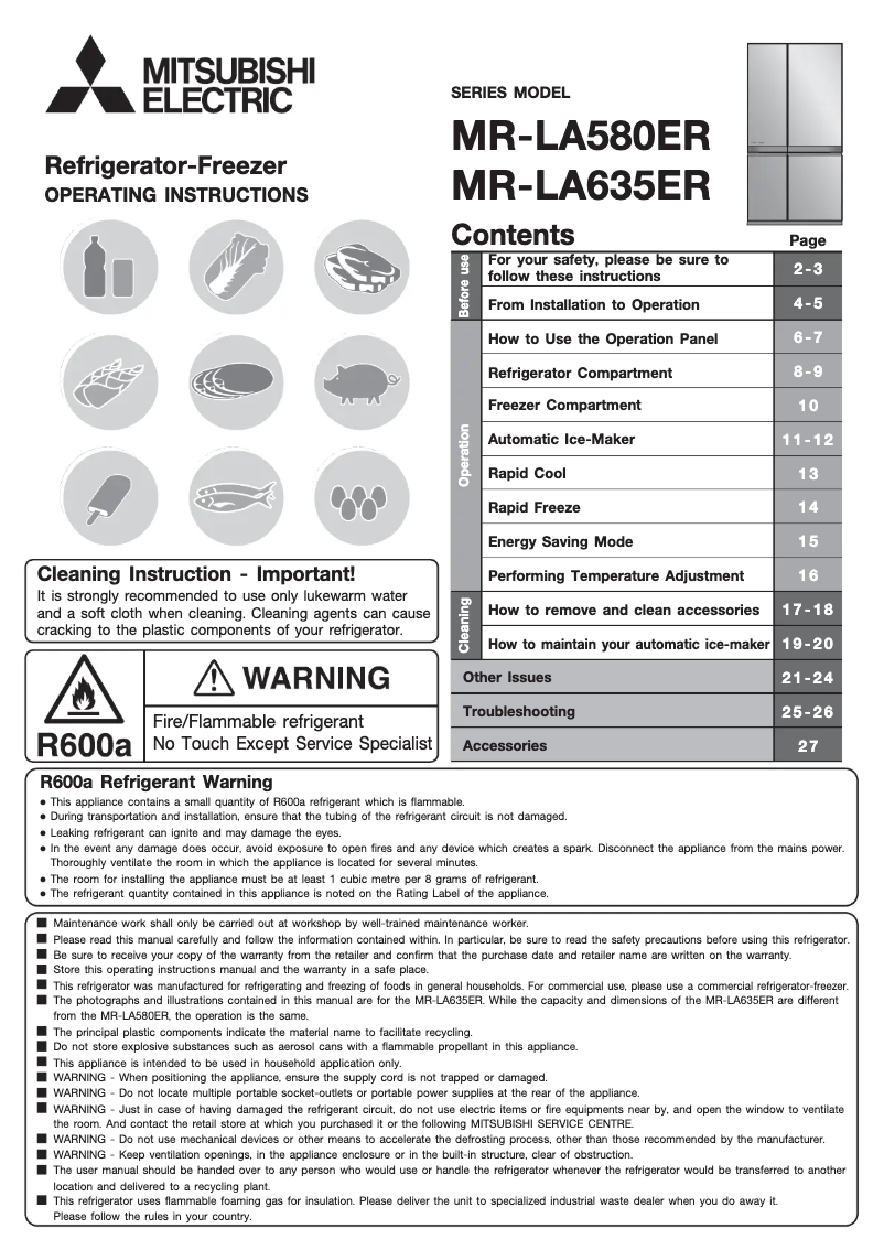 Page 1 de la notice Manuel utilisateur Mitsubishi MR-LA635ER