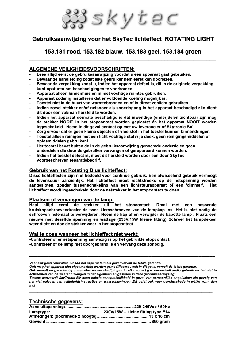 Page n°1 - Manuel utilisateur Skytec ROTATING LIGHT